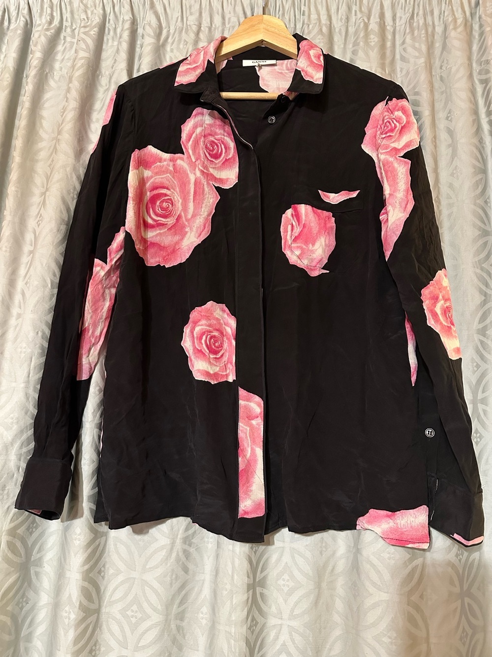 GANNI Women’s 100% Silk Rose Button Down Shirt Blouse EU36 US6  Long Sleeve Pink